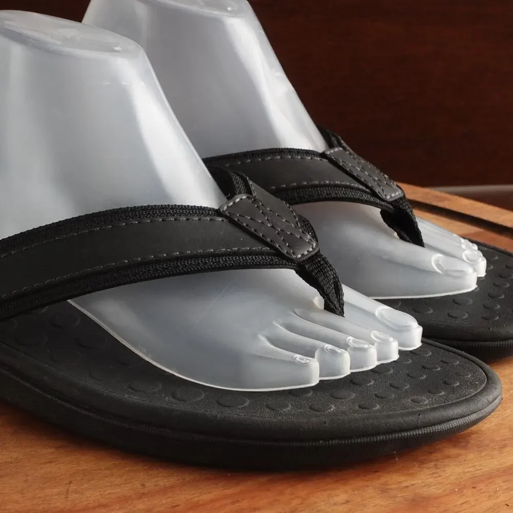 Vionic Sandals Mens Size 14 BLK Tide Leather Thong Flip Flop Comfort Beach Shoes